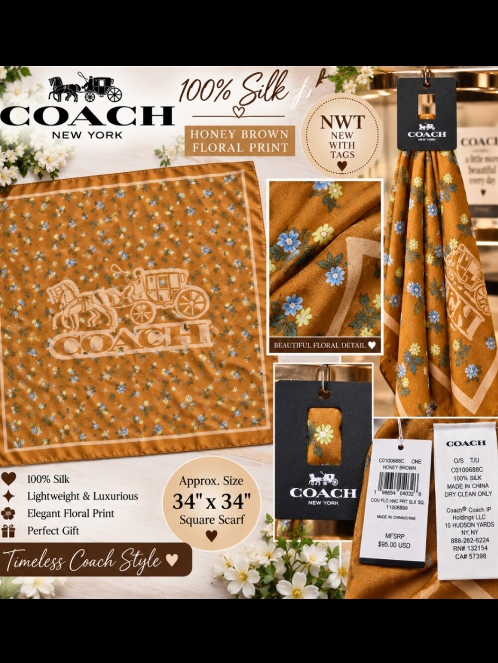 Coach Honey Brown Floral Silk Scarf with Blue and Cream Flowers